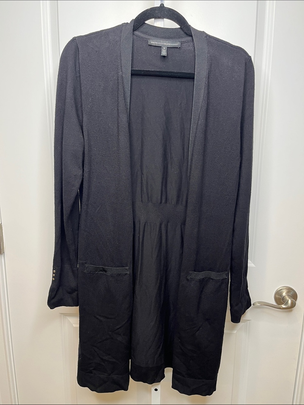 White House Black Market Black Open-Front Long Blazer Cardigan Studded Sleeves M